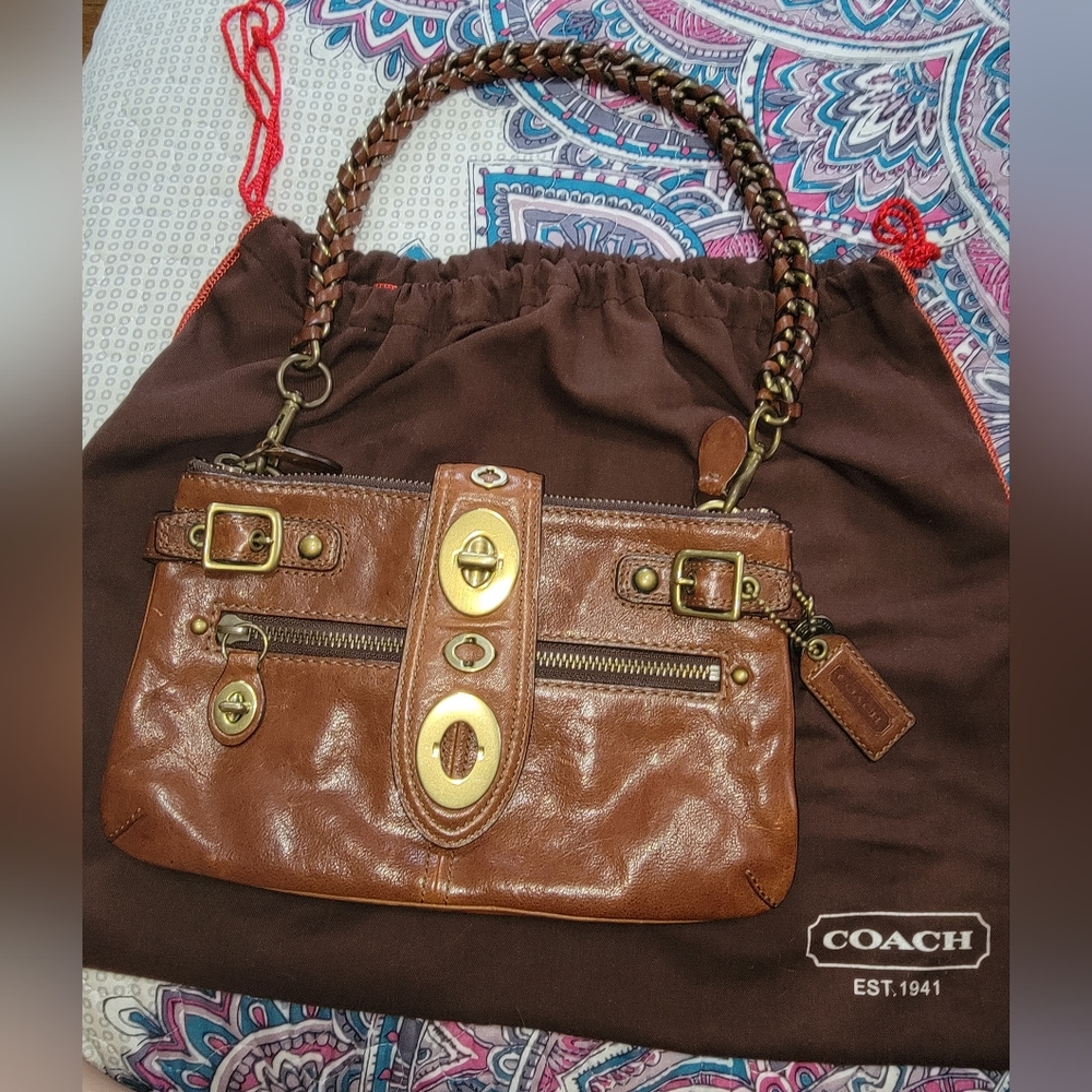COACH Whiskey Brown Leather BRIDGIT 65th Anniversary LEGACY Stripe Shoulder Bag